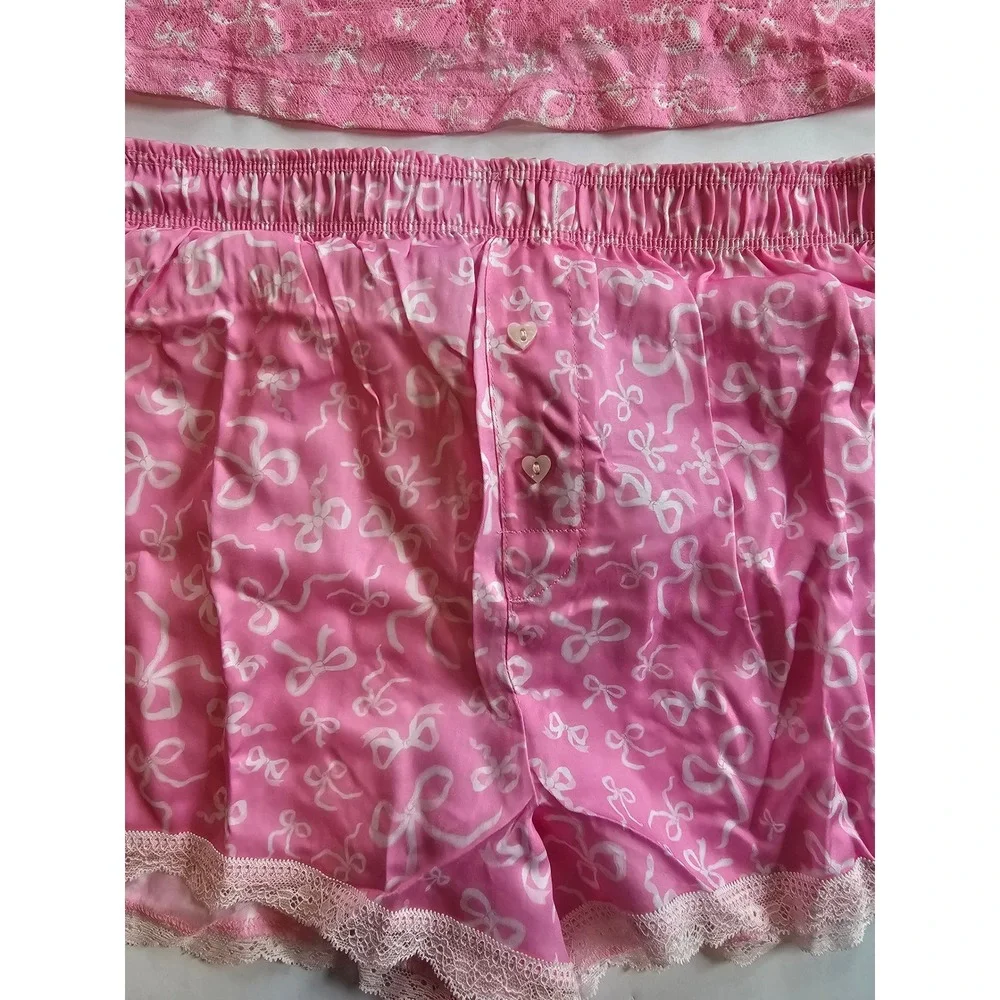 PINK LoveShackFancy Pajama Set Womens M Pink Lace Cami Shorts Coquette - Picture 4 of 8